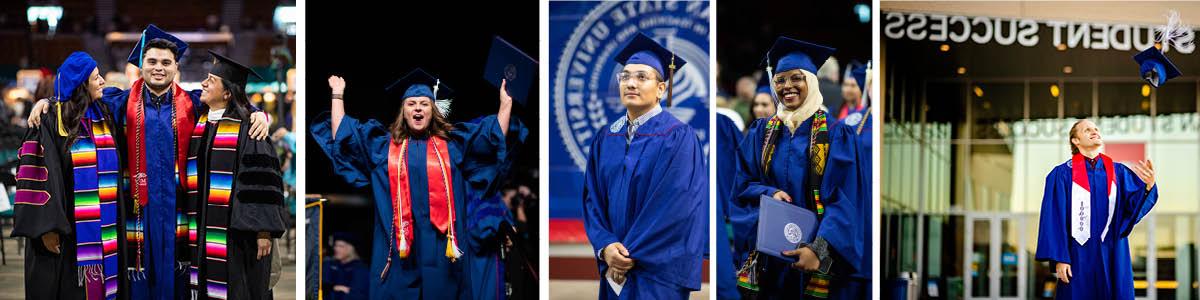 Four photos, side-by-side, of graduates celebrating their accomplishments.