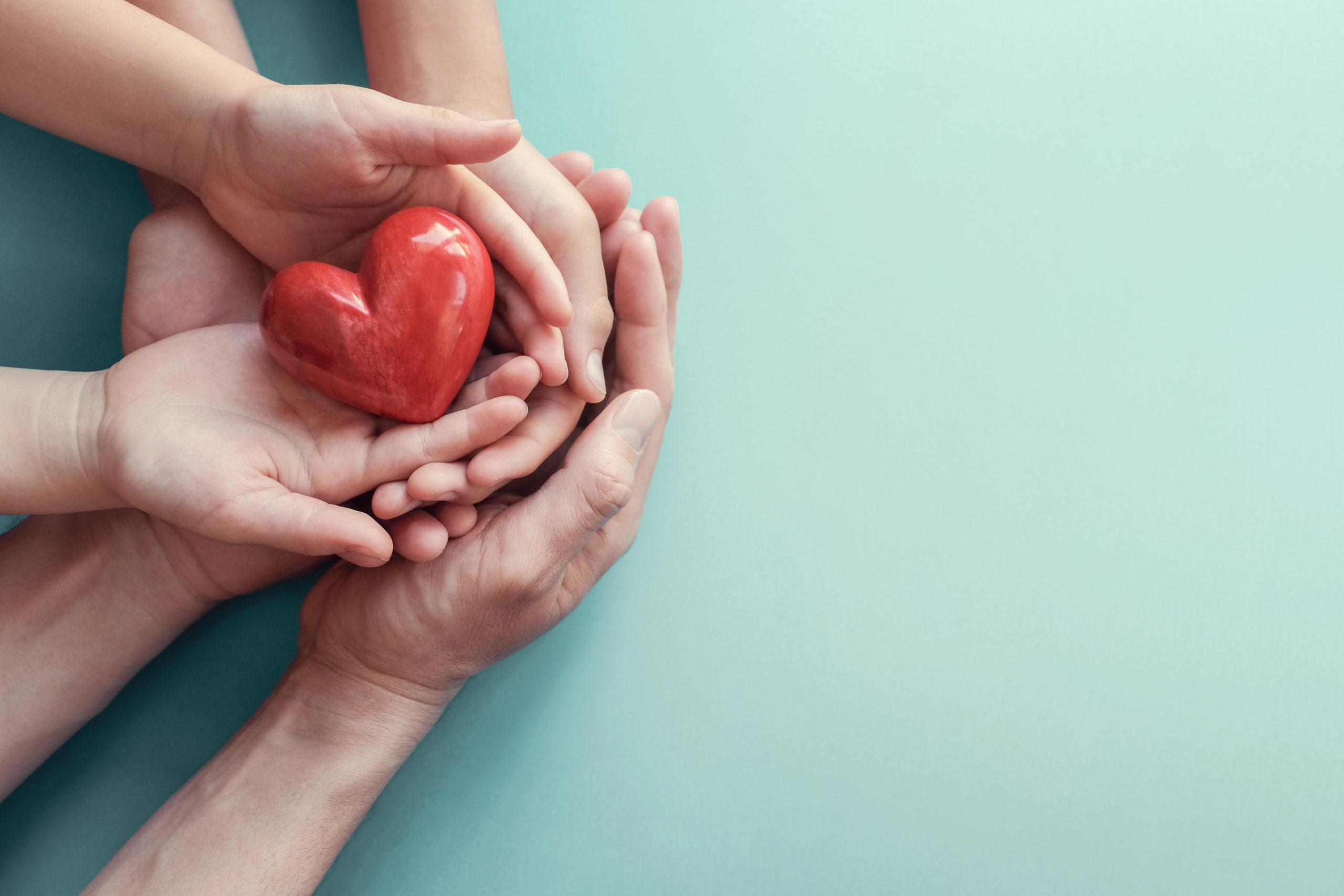 adult and child hands holding red heart on aqua background, 心脏健康, 捐赠, 企业社会责任概念, 世界心脏日, world health day, 家庭日